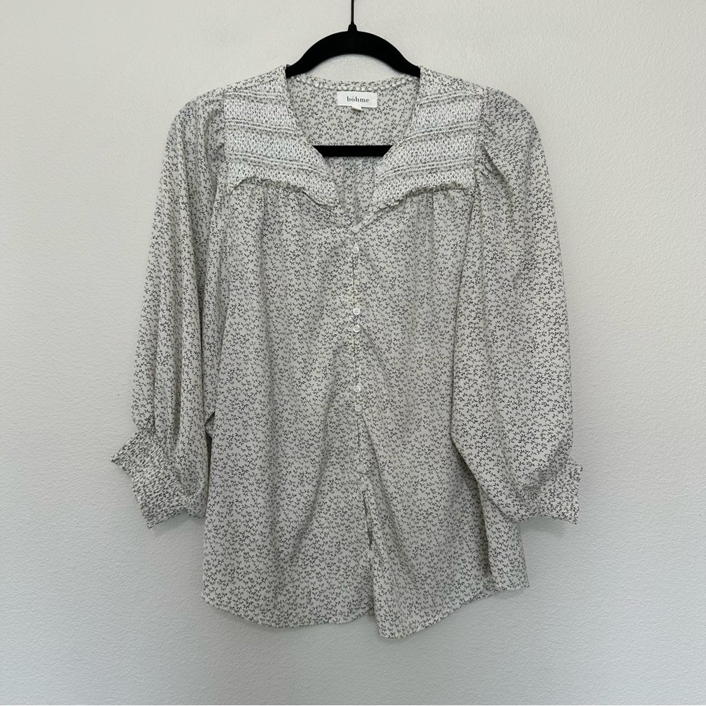 Bohme smocked yoke ruffle 3/4 puff sleeve button down blouse cream black medium